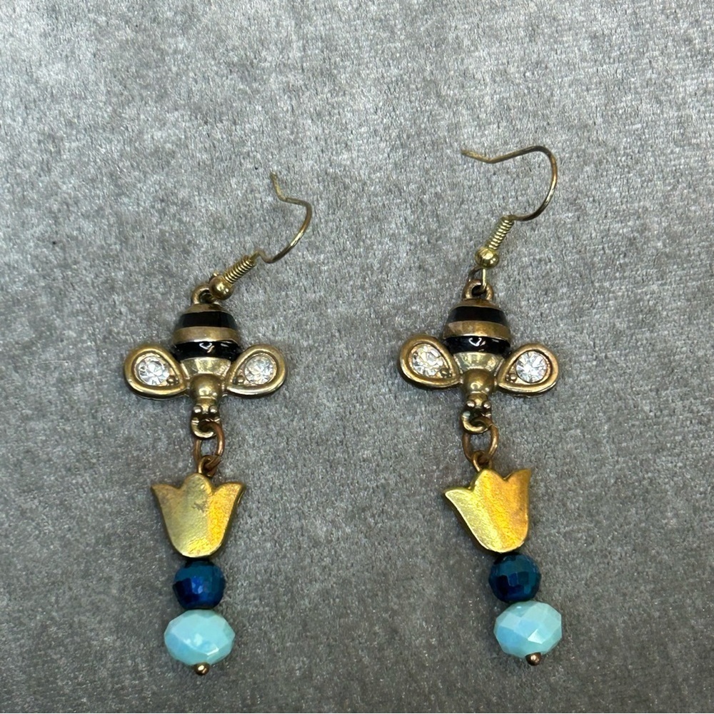 Bumblebee tulip flower beaded crystal rhinestone dangling earrings